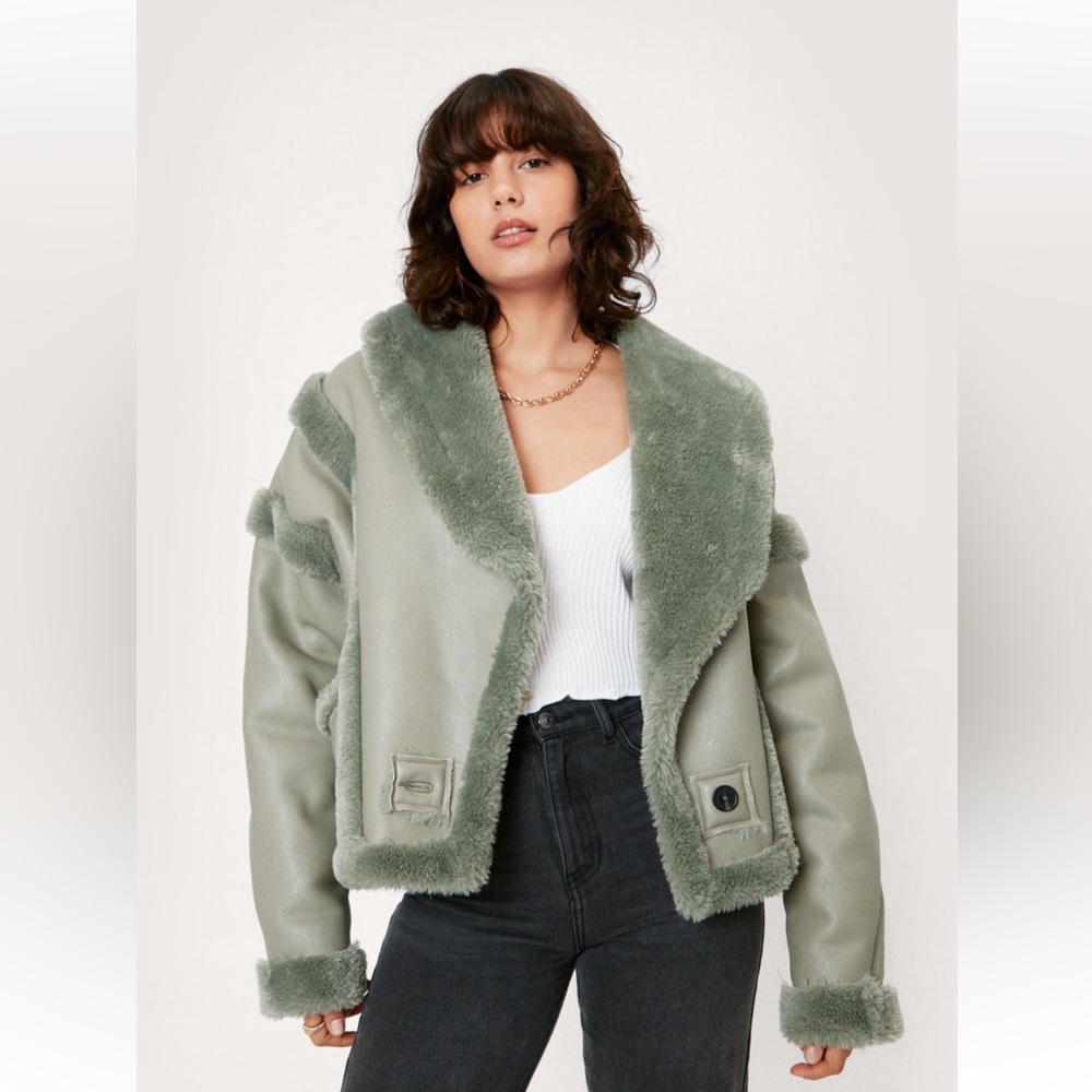 NASTY GAL Faux Fur Lined Faux Leather Aviator Jacket - Sage Green - Picture 1 of 9